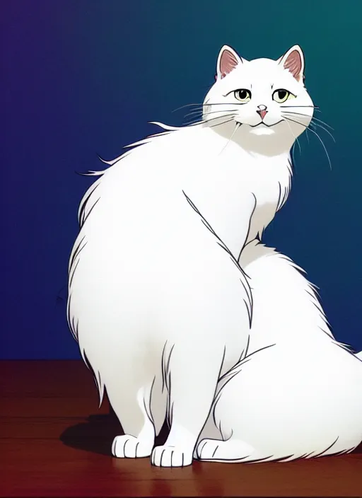 Prompt: fluffy white cat, natural lighting, path traced, highly detailed, high quality, cartoon, digital painting, by don bluth and ross tran and studio ghibli and alphonse mucha