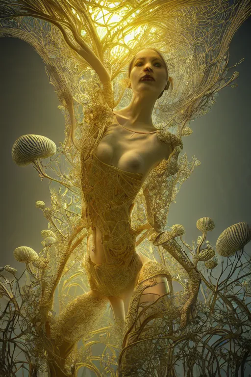 Image similar to intricate hyper detailed ultra sharp 3 d render, unity of mood, biomechanical cyborg ladies dancing, atmospheric, foliage, white large pore fungi, cyberpunk art nouveau, haute couture alexander mcqueen leaves stems colorful dahlias blooming transparent fractal filigree roots, intricate details, octane render, volumetric cinematic lighting, natural beautiful light, yellow infrared, lumiol, 8 k,