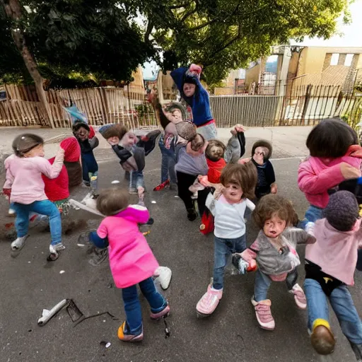 Prompt: wide - angle photograph of a group of toddlers rioting after listening to jordan peterson debate nap time, inside daycare center, jordan peterson as a toddler