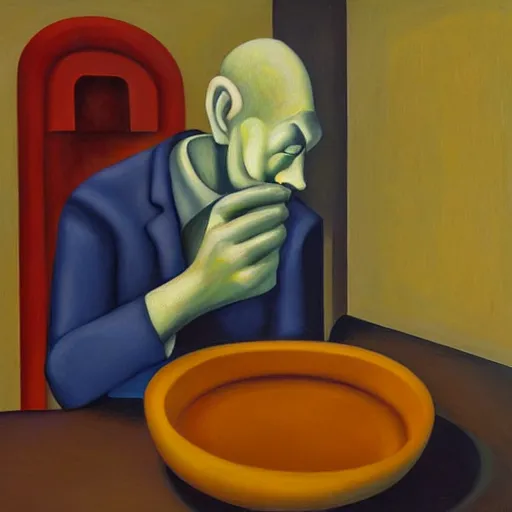 Image similar to people with empty bowl heads, blank stares, dystopian, pj crook, edward hopper, oil on canvas