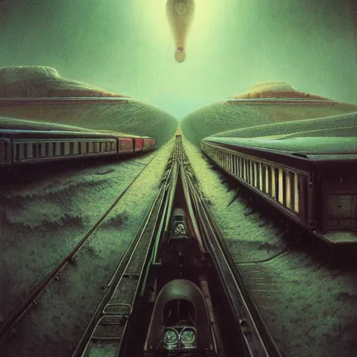 Image similar to a ufo being transported inside of a large train, beksinski, wayne barlowe, very coherent symmetrical artwork, cinematic, hyper realism, high detail, octane render, 8 k