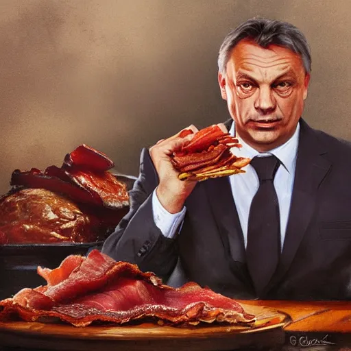 Image similar to viktor orban with detailed eyes, sitting on a large pile of bacon by greg rutkowski