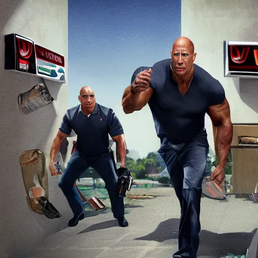 Image similar to dwayne the rock johnson robbing a 7 / 1 1 with joe biden and obama, cinematic, fantasy artwork, dyanic lighting, detailed, raytracing, realistic