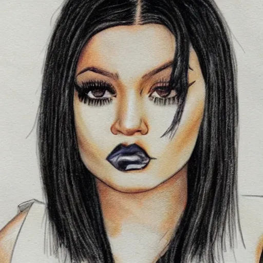 Prompt: grunge drawing of kylie jenner in the style of the grudge