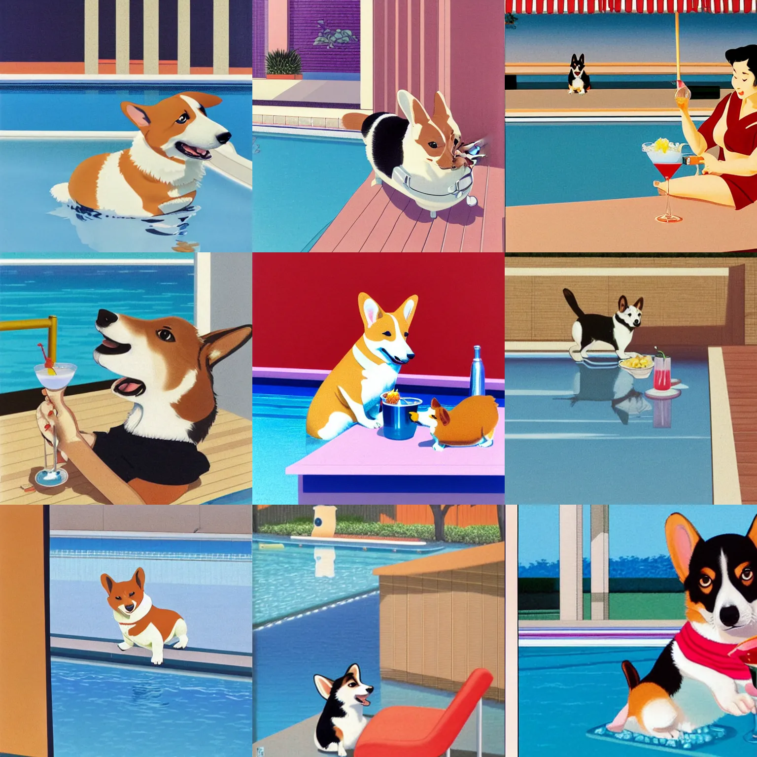 Prompt: a corgi drinking a cocktail at the pool, hiroshi nagai