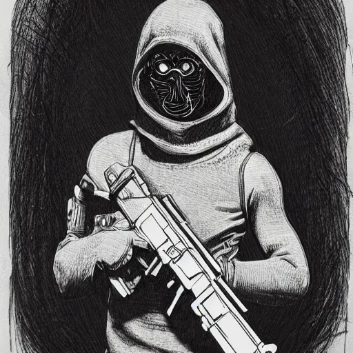 Image similar to criminal wearing a balaclava holding an automatic weapon, horror theme, detailed, elegant, intricate, conceptual, volumetric light