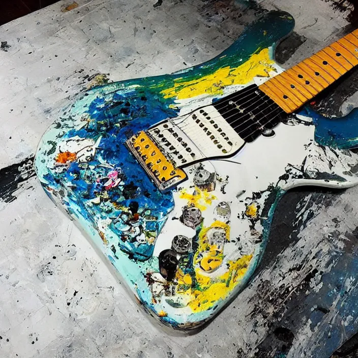 Image similar to “Fender Stratocaster painted by Jackson Pollock on a clean white table.”