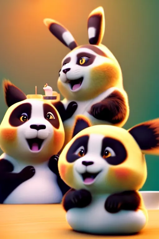 Image similar to high quality 3 d render hyperrealist very cute lowbrow happy panda & cat hybrid eating ice cream, vray smooth, in the style of detective pikachu, very dramatic light, low angle, uhd 8 k, shallow depth or field