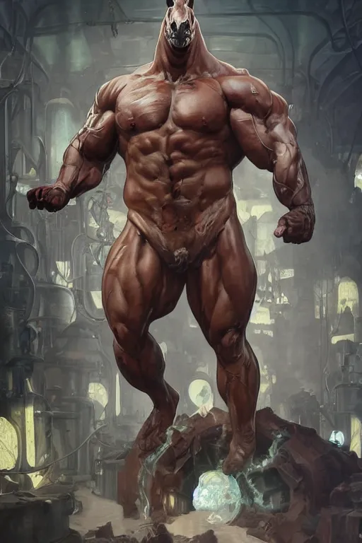 Image similar to splash art of a monstrously buff and muscular anthropomorphic horse at a research facility wearing a power - restricting suit, leather suit, highly detailed, digital painting, trending on artstation, concept art, sharp smooth focus, illustration, art by artgerm and greg rutkowski and alphonse mucha