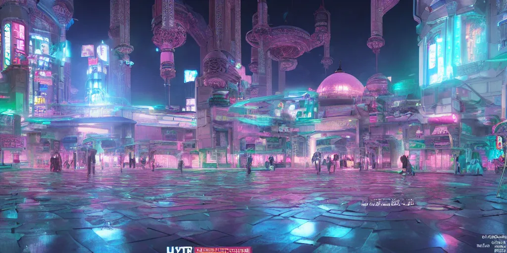 Image similar to Photorealistic cyberpunk mosque in crowded Tokyo night, with great domes and arches, cyan and pink neon lights, people and androids wearing traditional japanese clothing. Hyperdetailed photorealism, UHD, amazing depth, glowing rich colors, golden ration, 3D octane cycle unreal engine 5, 3d shading, cinematic lighting, artstation concept art