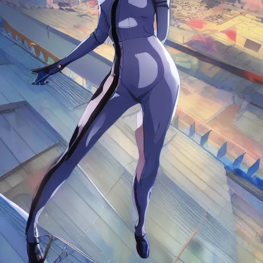 Image similar to anime art, anime fullbody shot of female rei ayanami, long blue hair and large eyes, finely detailed perfect face, in a modern skintight plugsuit, laying on a rooftop, flooded metropolis in ruins, red sea, trending on pixiv fanbox, evangelion, extremely high quality artwork by ilya kuvshinov