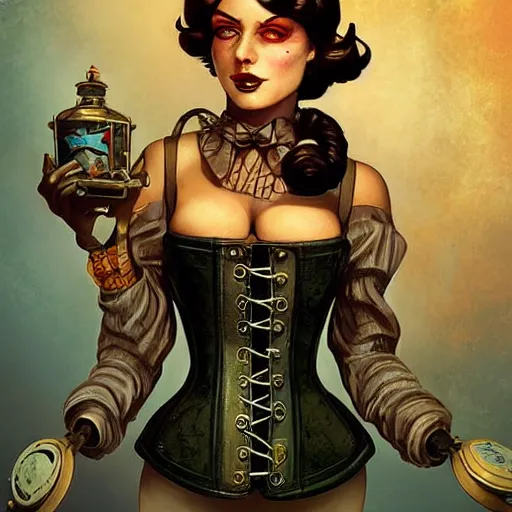 Image similar to lofi underwater bioshock steampunk portrait, wearing corset, Pixar style, by Tristan Eaton Stanley Artgerm and Tom Bagshaw.