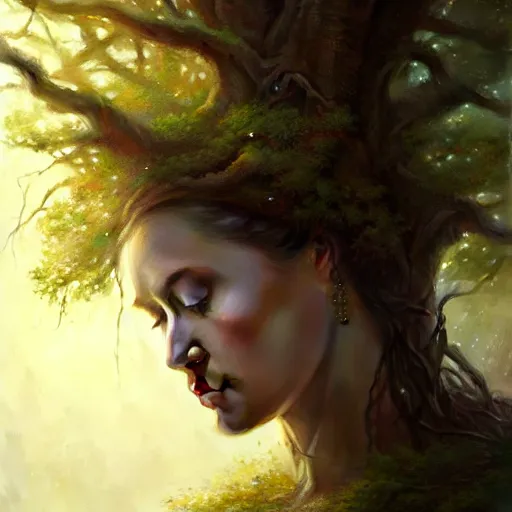 Prompt: a beautiful portrait of a tree goddess with closed eyes by Greg Rutkowski and Raymond Swanland, Trending on Artstation, ultra realistic digital art