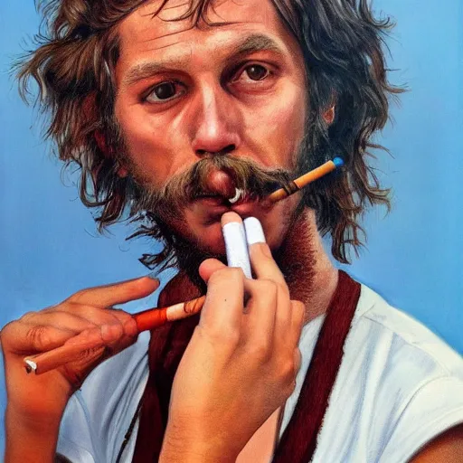 Image similar to photorealistic high detailed portrait of 1960s hippy with cigarette in mouth