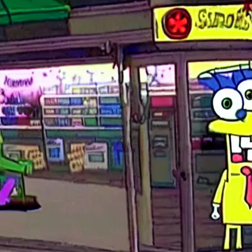 Image similar to cctv footage recorded last night of spongebob squarepants robbing a store