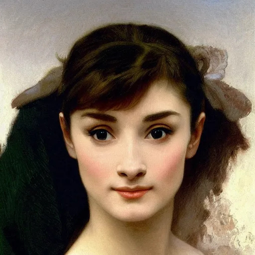 Image similar to A masterpiece head and shoulders portrait of Audrey Hepburn by William Adolphe Bouguereau