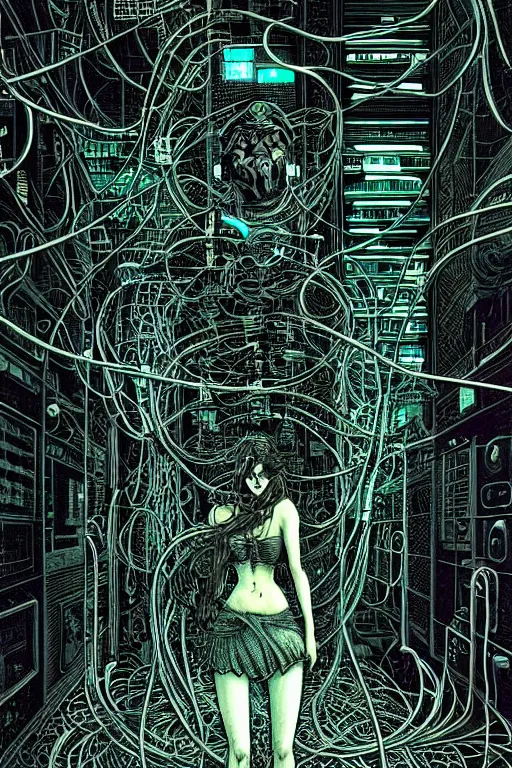 Image similar to dreamy cyberpunk girl, wires and electricity, beautiful, epic grunge, intricate complexity, by dan mumford and by alberto giacometti, arthur rackham