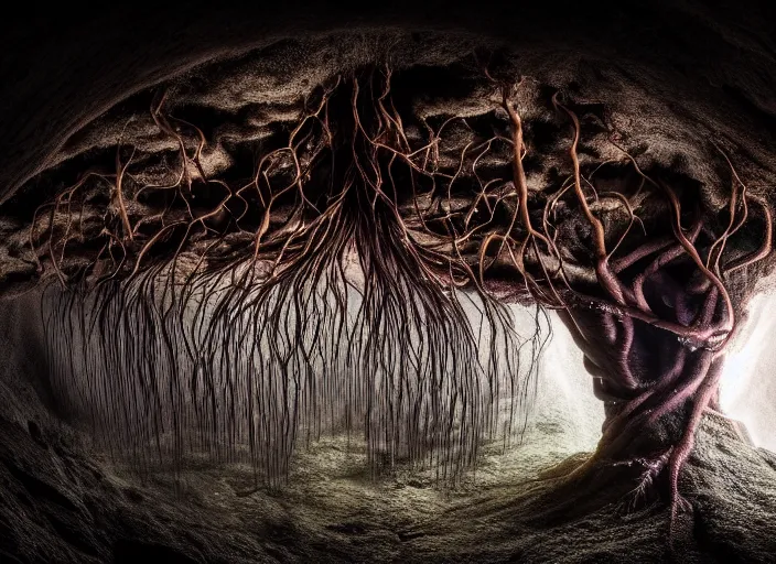 Prompt: photo of roots growing down from a ceiling in an underground cavern wrapped around a woman. Fantasy magic horror style. Highly detailed 8k. Intricate. Nikon d850 55mm. Award winning photography. Nekro