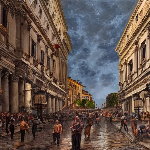 Image similar to an accurate depiction of the city of rome in its prime while people are walking around in the city, highly intricate detailed, light and shadow effects, intricate, highly detailed, digital painting, art station, concept art, smooth, sharp focus, illustration, advanced digital art, atmospheric lighting, detailed face, 8 k, hq