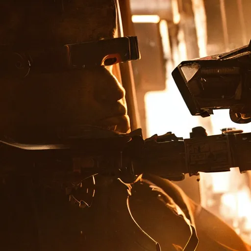 Image similar to augmented human repairing weapon made from old scratched sony walkman, dark messy smoke - filled cluttered workshop, dark, dramatic lighting, orange tint, cinematic, highly detailed, sci - fi, futuristic, movie still from blade runner