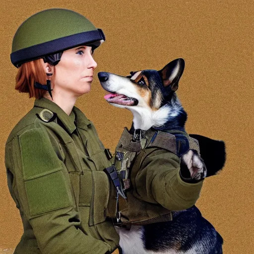 Image similar to female soldier with corgi sniffer dog in sci-fi city, digital art