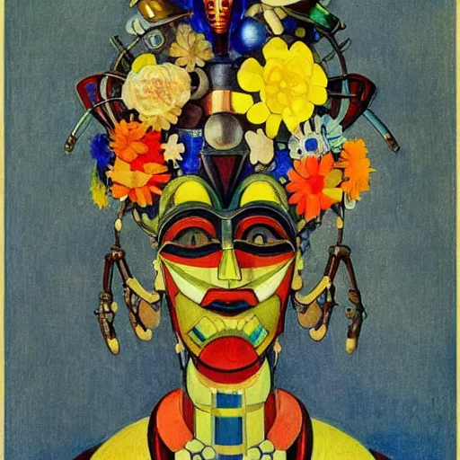 Image similar to head of a beautiful robot wearing a carnival mask made of stylized flowers, by diego rivera and john watkiss and annie swynnerton, art deco shaman, art brut, symbolist, dramatic cinematic lighting, god rays, iridescent beetles, clean crisp graphics, smooth sharp focus, extremely detailed