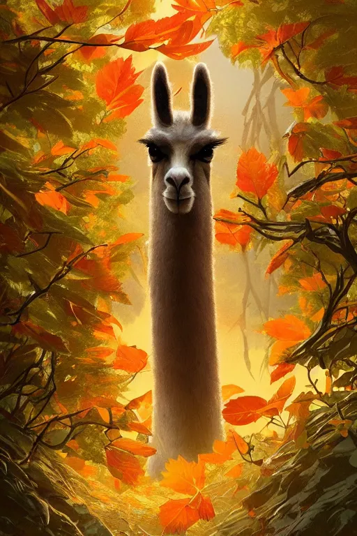 Prompt: beautiful digital painting of anthro llama, orange oak leaves, D&D, fantasy, intricate, anthro, cinematic lighting, highly detailed, digital painting, Artstation, anthro concept art, smooth, sharp focus, illustration, llama art by Artgerm and Greg Rutkowski and Rossdraws