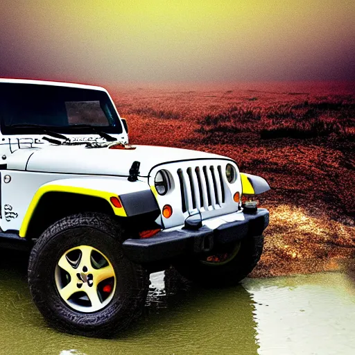 Image similar to digital art of a 1997 hardtop white Jeep Wrangler drowning in quicksand, beautiful iridescent fog swallows the dirty swamp, gritty, Venom liquid grabs at the Jeep, cinematic, extraordinary colorful landscape, photorealistic, soft vintage glow