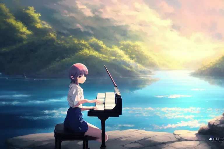 Image similar to Anime girl playing piano on blue water, far away, landscape, scenery, Cushart Krenz, Shinkai Makoto, by Lluluchwan, lots of details, highly detailed, 4k