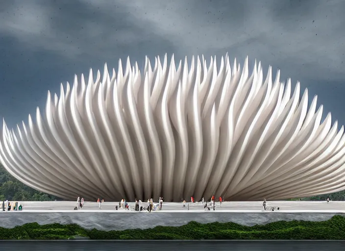 Image similar to designed by santiago calatrava ; highly detailed ultra sharp 3 d render kamakhya temple cinematic composition of a smooth ceramic porcelain biomorphic magnolia stone nebula fluid fractal sci - fi surreal architecture hindu temple