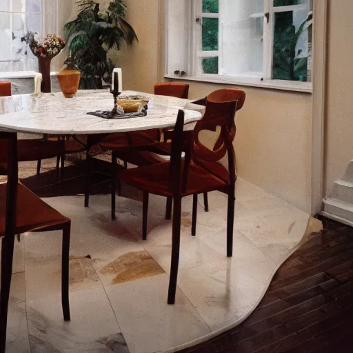 Prompt: photo of dining table with marble in the center, wood around it, cinestill, 8 0 0 t, 3 5 mm, full - hd