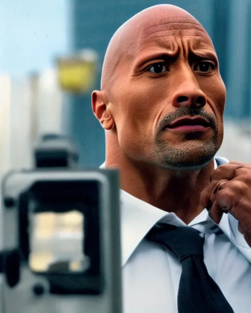 Prompt: film still close up shot of dwayne johnson as inspector clouseau from the movie the pink panther. photographic, photography