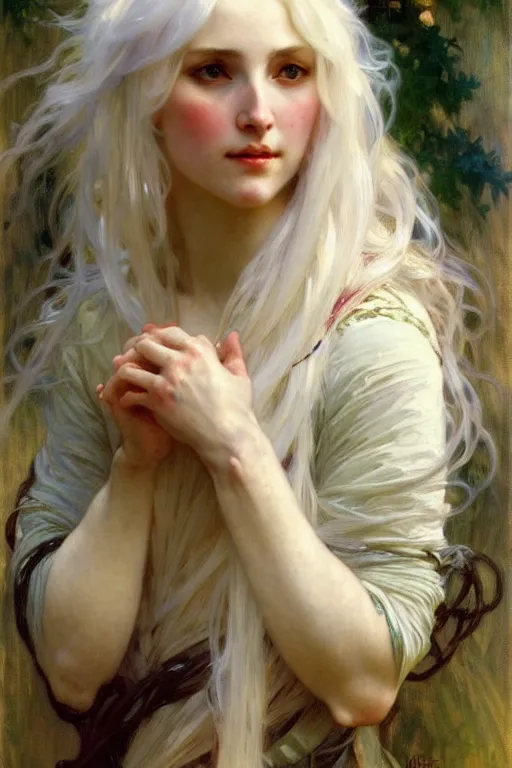 Image similar to women with long white hair, painting by daniel gerhartz, alphonse mucha, bouguereau, detailed art, artstation