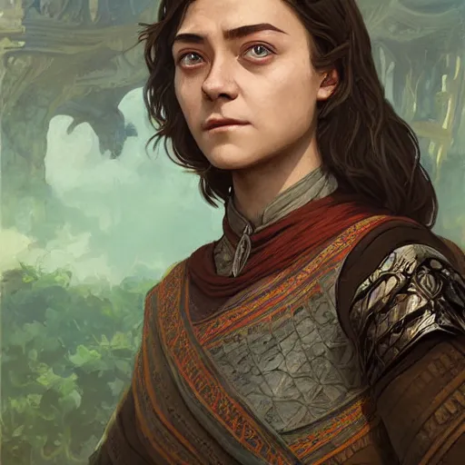 Image similar to portrait of Arya Stark in ancient Java, D&D, MtG art,fantasy, intricate, elegant, highly detailed, digital painting, artstation, concept art, smooth, sharp focus, illustration, art by artgerm and greg rutkowski and alphonse mucha