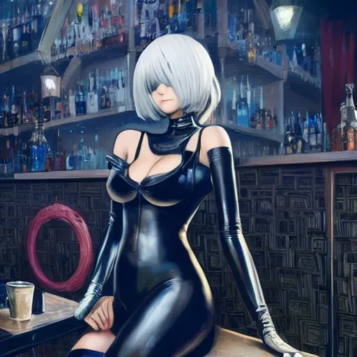 Image similar to highly detailed painting of 2 b from nier automata wearing a latex suit in a bar, stephen bliss, 8 k, by greg rutkowski, loish, rhads, artgerm, ferdinand knab, makoto shinkai and lois van baarle, ilya kuvshinov, rossdraws, global illumination, radiant light, detailed and intricate environment