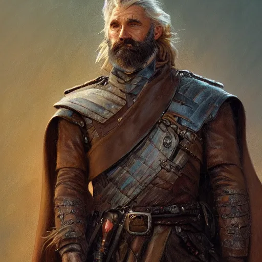 Image similar to portrait of a ruggedly handsome wizard soldier with short brown hair and beard wearing a leather armor and a cape, fantasy, highly detailed, digital painting, artstation, concept art, character art, art by greg rutkowski and tyler jacobson and alphonse mucha