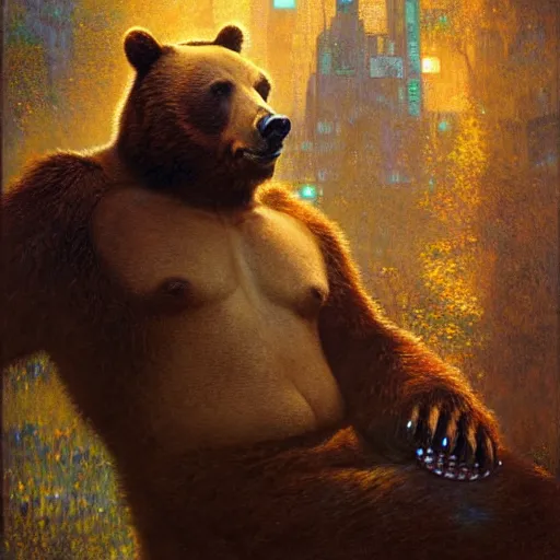 Image similar to portrait of a bear bearman as a police detective. shadowrun furaffiniy cyberpunk fantasy highly detailed painting by gaston bussiere craig mullins jc leyendecker gustav klimt artgerm greg rutkowski john berkey, bergey, craig mullins, ruan jia, raymond swanland, jeremy mann, tom lovell, alex malveda