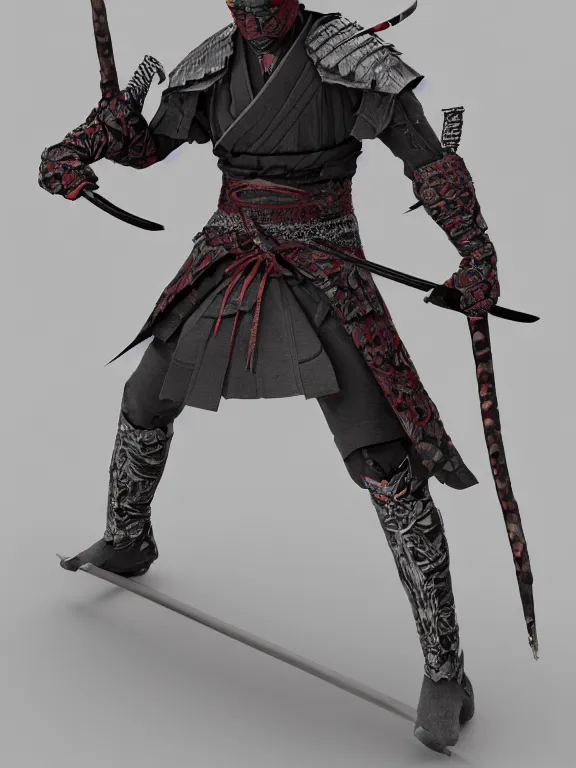 Image similar to full body front view portrait of, druidic nature ninja samurai, character design, correct anatomy, made in blender, octane render, ray tracing, ultra detailed, fantasy, intricate and highly detailed, with lots of colour, pose, sharp focus,