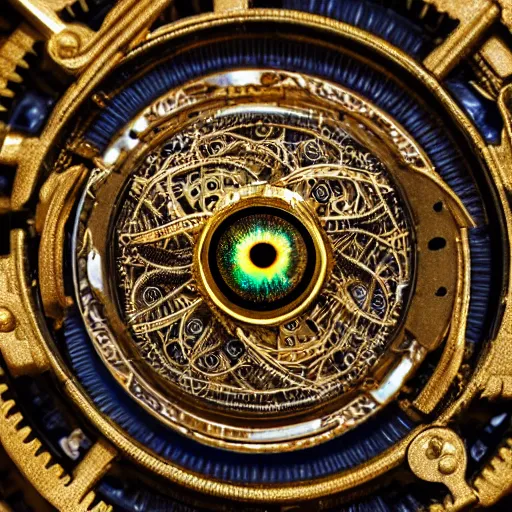 Image similar to a macro photo of a gold and silver mechanical eye, close - up, large intricate iris with gears and inside, intricate gears and lenses and filaments, intricately detailed engravings, intricately detailed markings, intricate textures, warm lighting, vivid colors, realistic octane render, hyper realistic render, volumetric shading, depth of field, raytracing, 8 k,