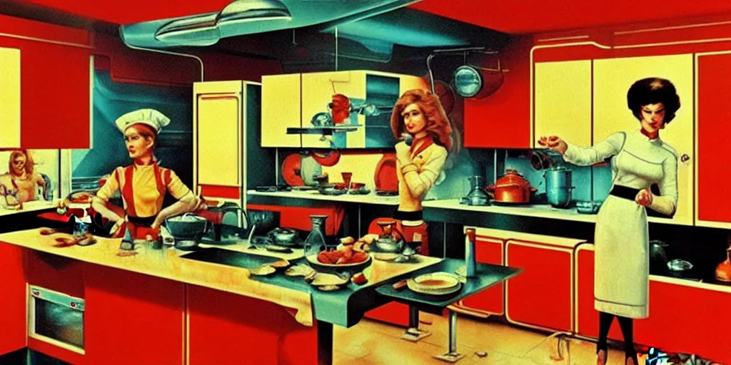 Image similar to soviet retro - futuristic kitchen by drew struzan