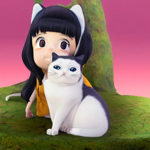 Prompt: Manga cover portrait of an extremely cute and adorable beautiful girl holding an extremely grumpy cat, 3d render diorama by Hayao Miyazaki, official Studio Ghibli still, color graflex macro photograph, Pixiv, DAZ Studio 3D