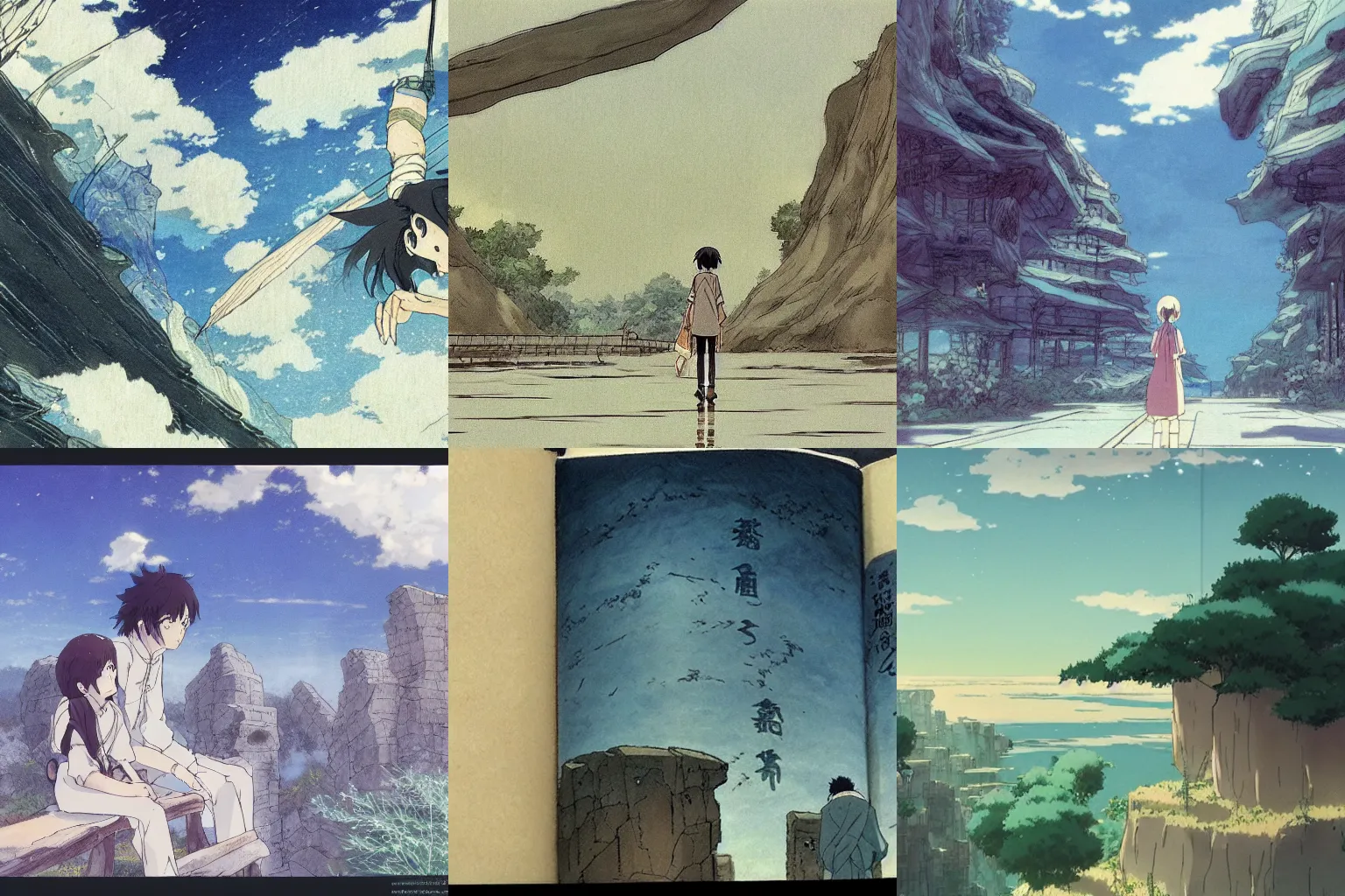 Prompt: concept art for the anime by makoto shinkai, old ancient book called The World Beyond, handbound, handwritten, screenshot from the anime by studio ghibli