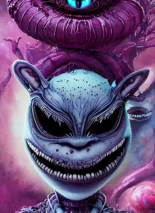 Image similar to cheshire cat, alien, highly detailed, cinematic, 8 k, by megan duncanson, benjamin lacombe, adrian borda, stanley artgermm, tom bagshaw, craig mullins, carne griffiths, ayami kojima, beksinski, giger, trending on deviantart, hyper detailed, horror, full of colour