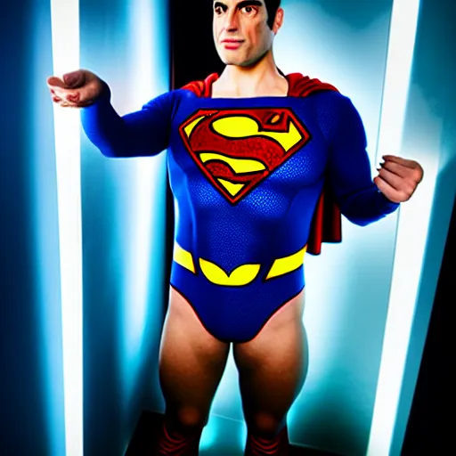 Image similar to uhd candid photo of cosmic seinfeld as superman, glowing, global illumination, studio lighting, radiant light, hyperdetailed, correct faces, elaborate intricate details. photo by annie leibowitz