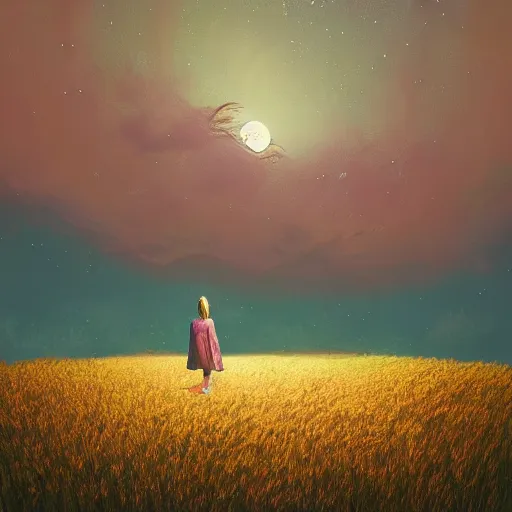 Image similar to giant daisy flower as a head, girl walking in wheat field, hills, surreal photography, moon light, dark night, star trails, dramatic light, impressionist painting, clouds, digital painting, artstation, simon stalenhag