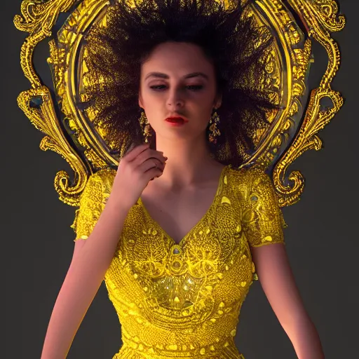 Image similar to portrait of bright yellow dress, glowing, ornate and intricate, jaw dropping beauty, glowing background lighting, white accent lighting, hyper detailed, 4 k octane render