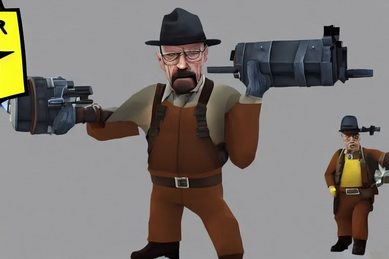 Image similar to Walter White is Heavy from Team Fortress 2 firing a minigun, in the style of TF2