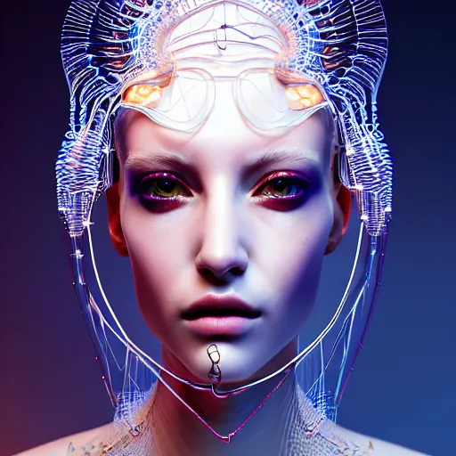 Image similar to portrait of an absurdly beautiful, graceful, sophisticated, fashionable cyberpunk mechanoid, hyperdetailed illustration by irakli nadar, matt wisniewski style, intricate linework, white porcelain skin, iridescent fractal headdress, day - glow face paint, jellyfish electronic collar, unreal engine 5 highly rendered, global illumination, radiant light, detailed and intricate environment