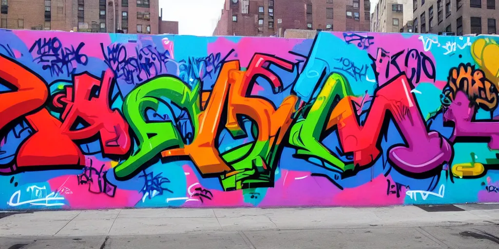 Image similar to beautiful graffiti mural in NYC with the words DOPE ERA in bright color letters, typography, street art, spray paint, hip hop culture