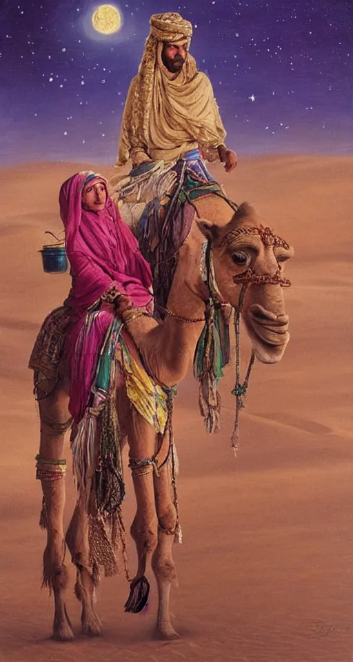 Image similar to an arabian merchant rides her camel in the desert at night, soft glow from a lantern, moon and stars in night sky, stunning, detailed oil paint